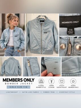 Members Only Light Blue Satin Bomber Jacket Girls Size 7/8 Y2K